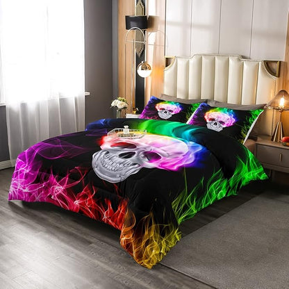 Erosebridal Skull Comforter Set, Skeleton Bones Bedding Set Twin Size Halloween Horror Gold Flame Duvet Sets for Kids Teens Adult Bedroom Decor, Gothic Spooky Bedding Comforters, Warmth Soft