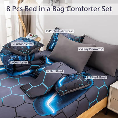 8Pcs Game Console Comforter Set with Sheets for Boys Girls Kids Teens, Geometric Gaming Themed Bed in A Bag Twin Size, Blue 3D Video Gamer Controller Bedroom Decor Bedding Set-Blue