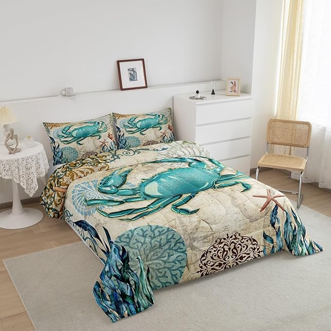 Sea Beach Theme Comforter Set Kids Beach Crabs Print King Bedding 3D Sea Animal Crab Luxury Microfiber Quilted Duvet Set with 2 Pillowcases,Soft Lightweight Marine Life Decorative Bedding Soft Fluffy