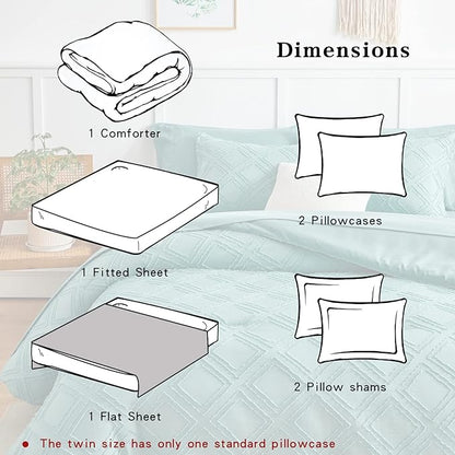 7 Pieces Tufted Bed in a Bag Queen Comforter Set with Sheets Green, Soft and Embroidery Shabby Chic Boho Bohemian, Luxury Solid Color with Diamond Pattern, Jacquard Tufts Bedding Set for All Season