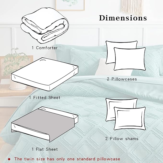 7 Pieces Tufted Bed in a Bag King Comforter Set with Sheets Green, Soft and Embroidery Shabby Chic Boho Bohemian, Luxury Solid Color with Diamond Pattern, Jacquard Tufts Bedding Set for All Season