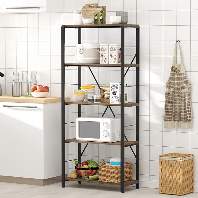 FOLUBAN 5 Tier Tall Bookshelf, Industrial Vintage Book Shelf, Rustic Wood and Metal Bookcase for Home Office Bedroom, Oak