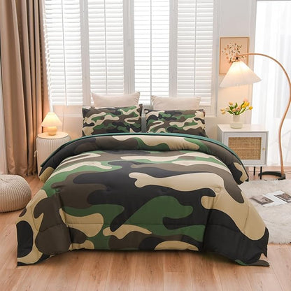 Meeting Story Camouflage Bedding Set, Colorful Pattern Style Comforter Set, 5 PCS One Comforter Two Pillowcases Two Sheets in One Bag, All Season Bedspread for Teens Adults (Green, Full 5Pcs)