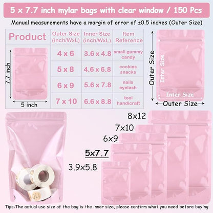 150 Pcs Mylar Bags for Food Storage, 5x8 Mylar Bag with Window Stand Up, Small Holographic Resealable Bags Smell Proof Bag Food Packaging for Small Business Freeze Dried Candy Jewelry Foil Packaging