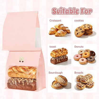 "Funcoo Paper Bread Bags with Tabs for Homemade Sourdough Bread, Pink Bakery Bread Bags with Window/Tin Tie Tab Lock, Large Bakery Loaf Bag for Baked Goods Packaging" (50, X-Large)