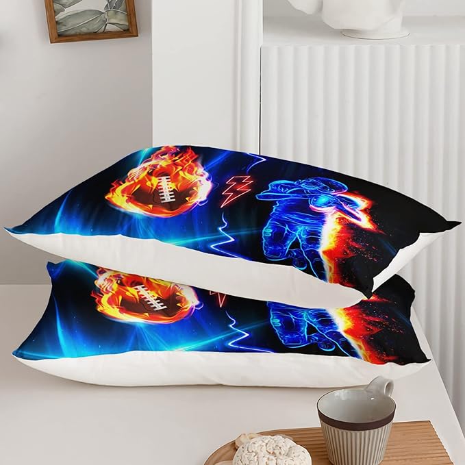 Axolotl Football Comforter Twin,Cool Blue Football Bedding Sports Theme Comforter Set for Boys,3D Rugby Sports Bedding Set Football Player On Fire for Boys Kids Teens,1 Quilt 2 Pillowcases,Black Blue