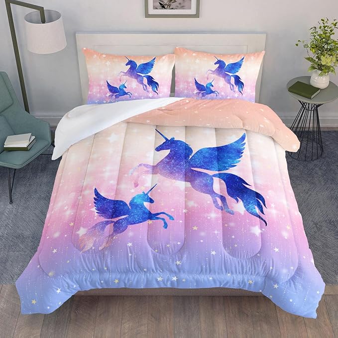Datura home Bedding Comforter Set Starry Sky Unicorn Printed Pattern Quilt with 1 and 2 Pillowcases for Girls Bedroom All Season(Purple Full) Full 80x90inches