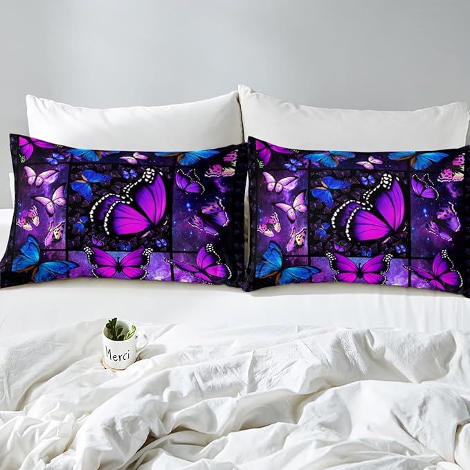 Erosebridal Butterfly Comforter Set Starry Sky Galaxy Comforter Blue Purple Butterfly Bedding Sets King for Kids Girls Teens Women Bed,Aesthetics Butterflies Quilt Duvet Set 2 Pillow Cases Room Decor