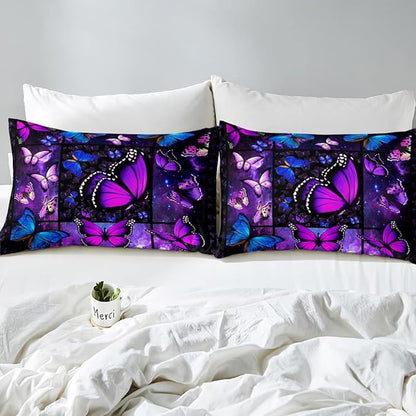 Erosebridal Butterfly Comforter Set Starry Sky Galaxy Comforter Blue Purple Butterfly Bedding Sets King for Kids Girls Teens Women Bed,Aesthetics Butterflies Quilt Duvet Set 2 Pillow Cases Room Decor
