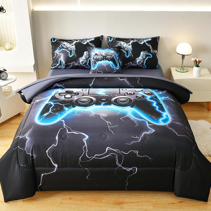 Game Console Full Comforter Set with Sheets, Microfiber 6 Pcs Bed in A Bag Full Size Gamer Bedding Set for Boys Kids Teens