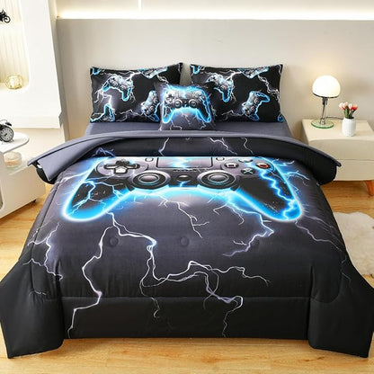 Game Console Full Comforter Set with Sheets, Microfiber 6 Pcs Bed in A Bag Full Size Gamer Bedding Set for Boys Kids Teens