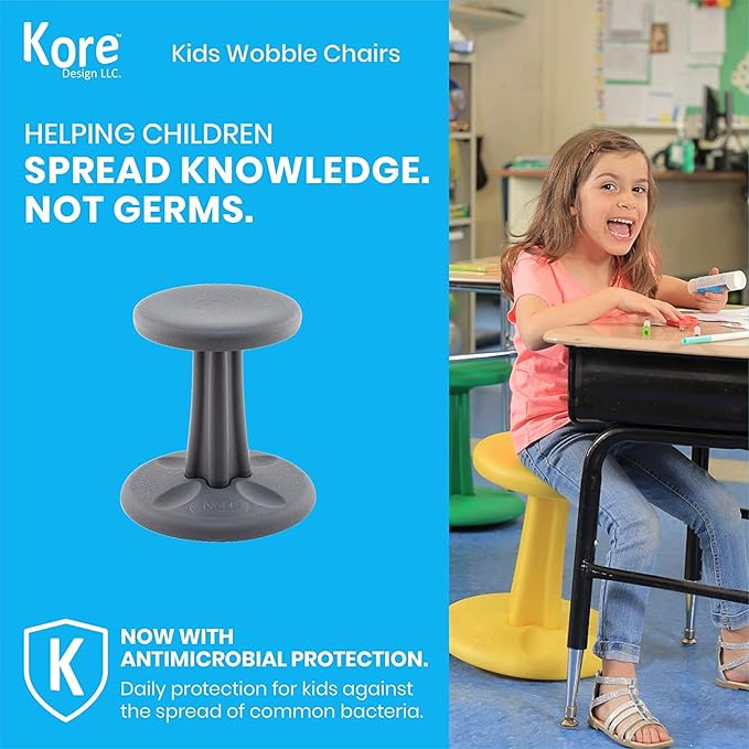 Kore Kids Wobble Chair - Flexible Seating Stool for Classroom & Elementary School, ADD/ADHD - Made in The USA - Age 6-7, Grade 1-2, Grey (14in)
