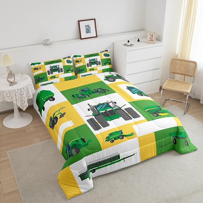 Kids Tractor Bedding Set Twin Boys Green Yellow Truck Comforter Set Excavator Construction Down Comforter Children Cartoon Vehicle Car Duvet Insert Farm Equitment Trucks Bedding Comforter Sets,2Pcs