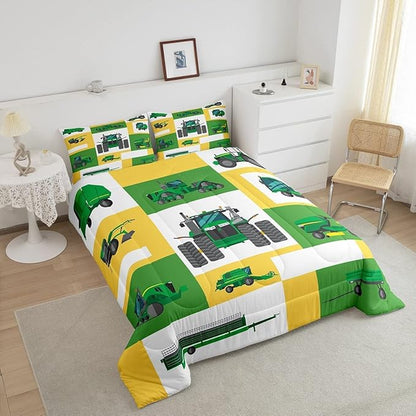 Kids Tractor Bedding Set Twin Boys Green Yellow Truck Comforter Set Excavator Construction Down Comforter Children Cartoon Vehicle Car Duvet Insert Farm Equitment Trucks Bedding Comforter Sets,2Pcs