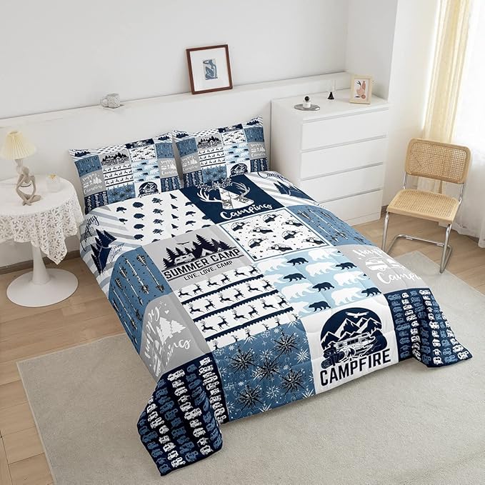 Camper Gifts Comforter Set Twin, Happing Camping Gifts For Men Women, Blue Camper Bedding Set For Camping Lovers Campsite, Camping Down Comforter For RV Travel Hiking, Camper Decor, Buffalo Plaid