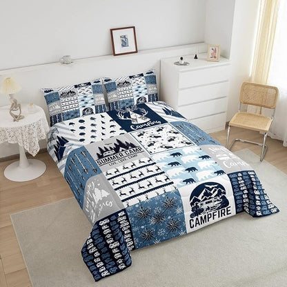 Erosebridal Happy Camping Bedding Set Queen Size for Boys Kids Teens, Camper Duvet Insert, Rustic Farmhouse Style Comforter Set, Sketch Drawing Camper Bedding, Camping Car Down Comforter, Blue