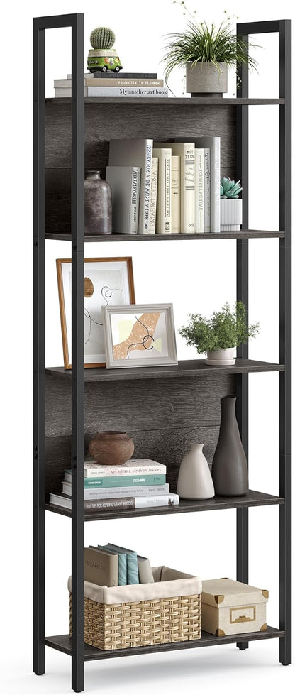 VASAGLE 5-Tier Bookshelf, Book Shelf, Industrial Bookcase, with Steel Frame, for Living Room, Home Office, Bedroom, 9.4 x 24.4 x 65 Inches, Charcoal Gray and Black ULLS025B04