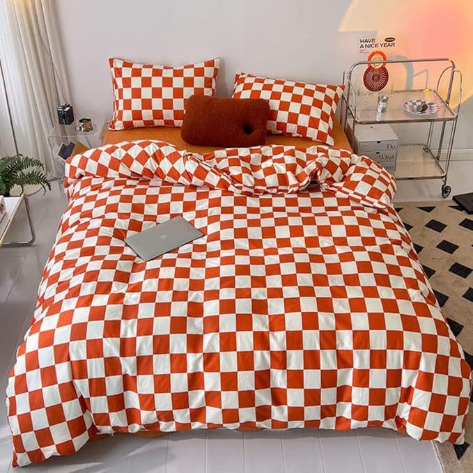 Wellboo Orange White Plaid Comforter Sets Twin Women Girls Light Red Checkerboard Bedding Comforters Cotton Rust Caramel and White Checkered Geometric Quilts Adults Modern Grid Abstract Simple Bed