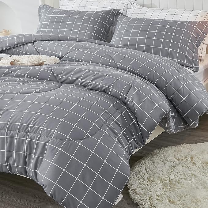 Andency Grey Grid Comforter Set Queen Size (90x90 inch), 3 Pieces (1 Grey Comforter and 2 Pillowcases), Summer Lightweight Microfiber Down Alternative Bedding Comforter Sets with White Lines