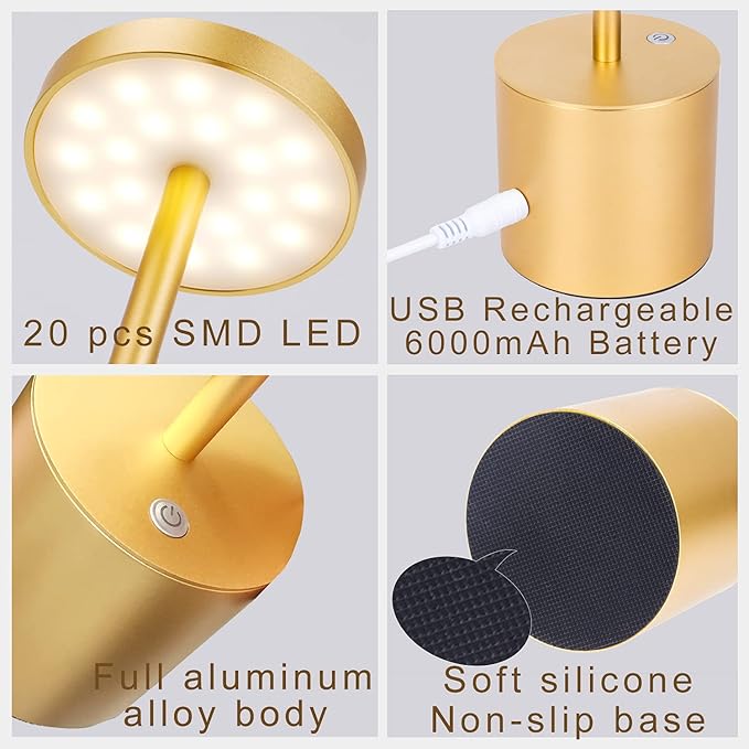 Cordless Table Lamp, Rechargeable LED Battery 6000mAh Metal USB Portable Powered Desk Lamp, 3 Levels Brightness Light for Restaurants Outdoor (13.25in Gold)