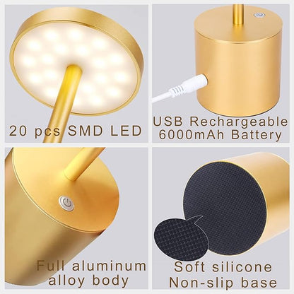 Cordless Table Lamp, Rechargeable LED Battery 6000mAh Metal USB Portable Powered Desk Lamp, 3 Levels Brightness Light for Restaurants Outdoor (13.25in Gold)