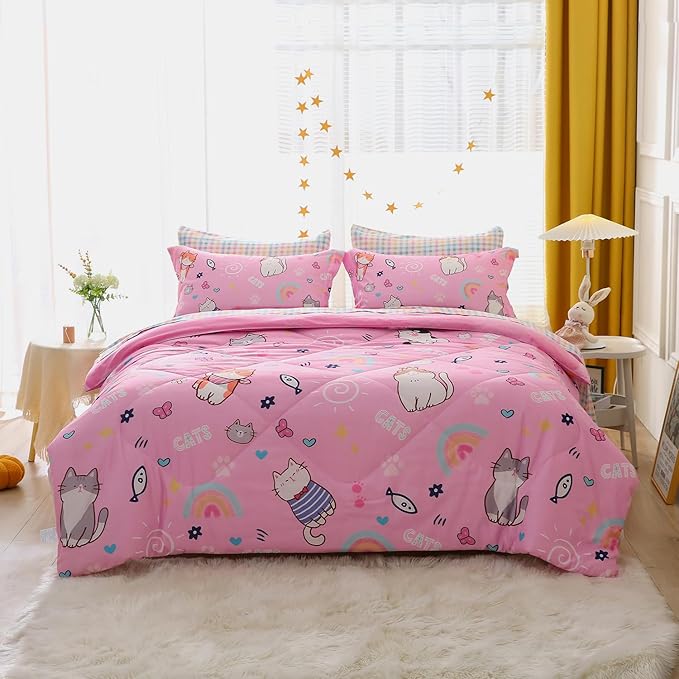Pink Cats Comforter Set Twin Size for Girls Kids Teens 7 Piece Cute Animal Fish Butterfly Bed in A Bag Cartoon Rainbow Star Sun Heart Bedding Set All Season Lightweight