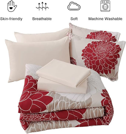 Yiran 7 Pieces King Comforter Set Red Floral Bed in a Bag Soft Microfiber Bedding Set 103"×90"(1 Comforter 1 Flat Sheet 1 Fitted Sheet 2 Pillowshams 2 Pillowcases)