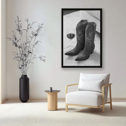 Cowboy Boots And Red Wine, Western Aesthetic, Black And White, Modern Fashion Poster Canvas Poster Wall Art Decor Print Picture Paintings for Living Room Bedroom Decoration Black Frame 12x18in(30x45cm