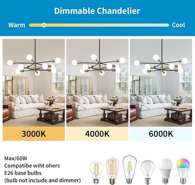 Sputnik Chandeliers Moderna Light Fixture, 10 Lights Black and Gold Mid Century Ceiling Chandelier, Height Adjustable for Living Room, Kitchen, Dining Room, Bedroom,Foyer