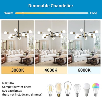 Sputnik Chandeliers Moderna Light Fixture, 10 Lights Black and Gold Mid Century Ceiling Chandelier, Height Adjustable for Living Room, Kitchen, Dining Room, Bedroom,Foyer