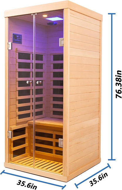 1 Person Infrared Sauna for Home Deluxe Transparent Large Glass Hemlock Wood Low EMF FAR Infrared Sauna, 1420 watts 7 Heating Panels Indoor Personal Saunas with Blue-Tooth, LCD Display