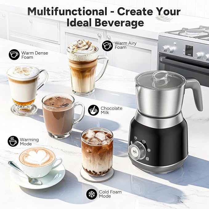 6-in-1 Electric Milk Frother and Steamer with Detachable Cups, Automatic Cold and Warm Foam Maker for Lattes/Cappuccinos/Hot Chocolate, Dishwasher Safe Black