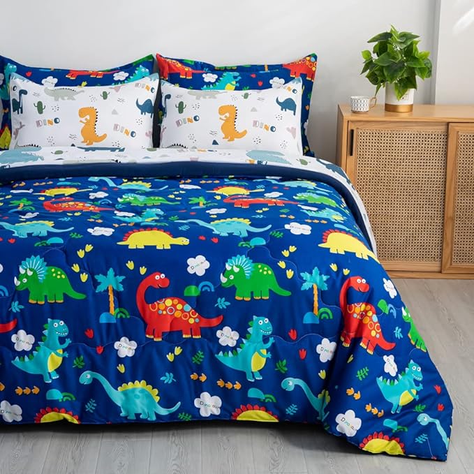 Wajade 7 Piece Kid Boys Dinosaur Comforter Set Full Size 3D Blue Dinosaur Wild Park Jungle Print Bedding Set with Comforter, Sheet Set, Pillowcase and Sham