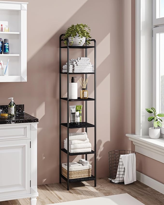 Bookcase Bookshelf, Narrow Book Shelf, Industrial Coner Shelf Storage Organizer, Slim Shelving Unit for Home Office, Living Room, Bedroom, Kitchen, 6-Tier Black BC24604B