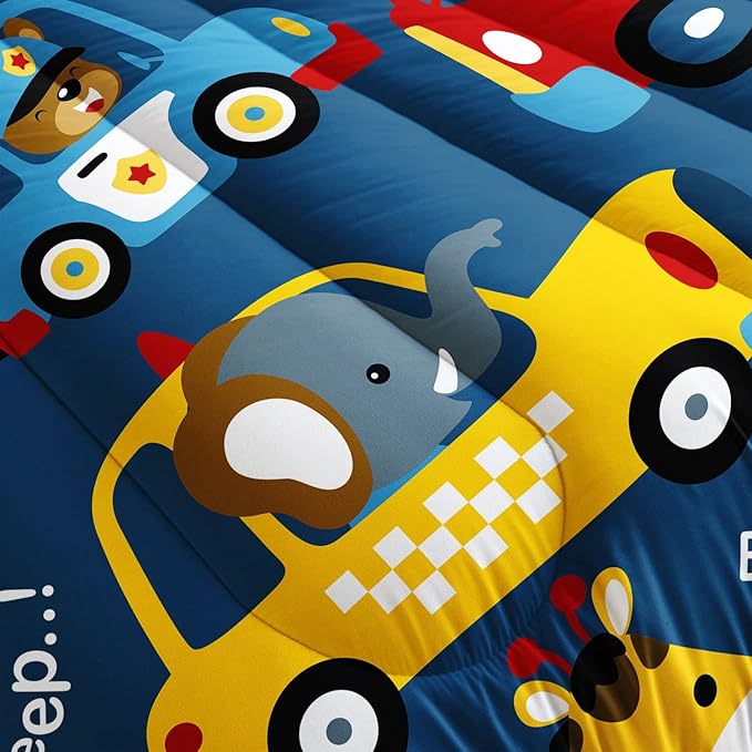 Datura home Kids Cartoon Car Comforter Set for Boys Kids Children,Transportation Car Police Car Kawaii Animals Printed Bedding Set with 1 Comforter and 2 Pillowcases(Cartoon Car Full)