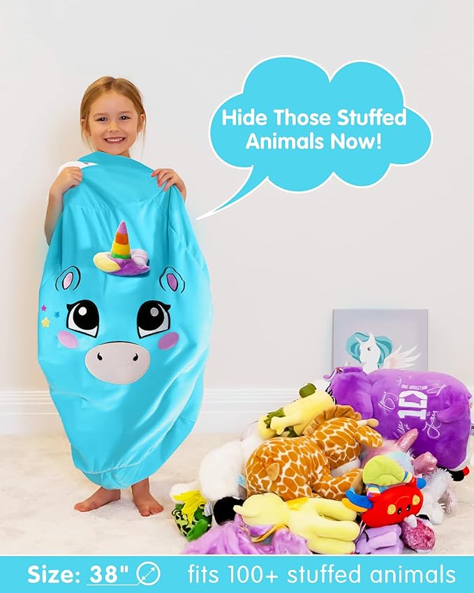 Aubliss Unicorn Stuffed Animal Storage, Velvet Bean Bag Chairs Cover, X-Large 38" Ultra Soft Kids Toy Storage Organizer for Blankets Towels Clothes Home Supplies, Blue Big Eyes