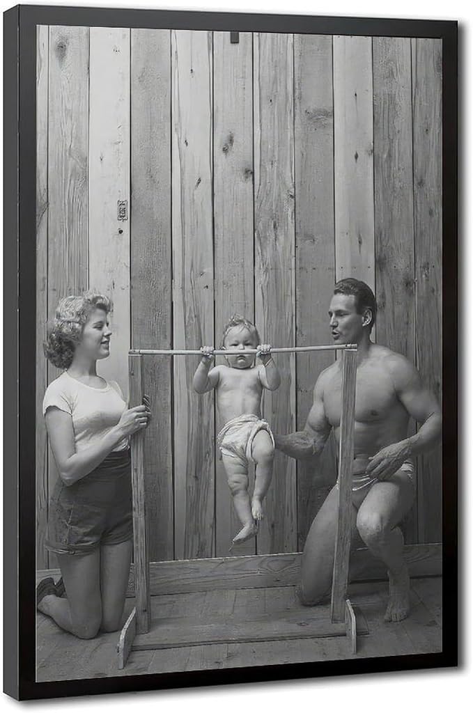 UXCBIA Baby Doing Pull-ups, Bodybuilder Family Black And White Retro Poster Canvas Poster Bedroom Decor Sports Landscape Office Room Decor Gift Black Frame 12x18in(30x45cm)
