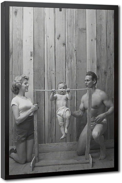 UXCBIA Baby Doing Pull-ups, Bodybuilder Family Black And White Retro Poster Canvas Poster Bedroom Decor Sports Landscape Office Room Decor Gift Black Frame 12x18in(30x45cm)