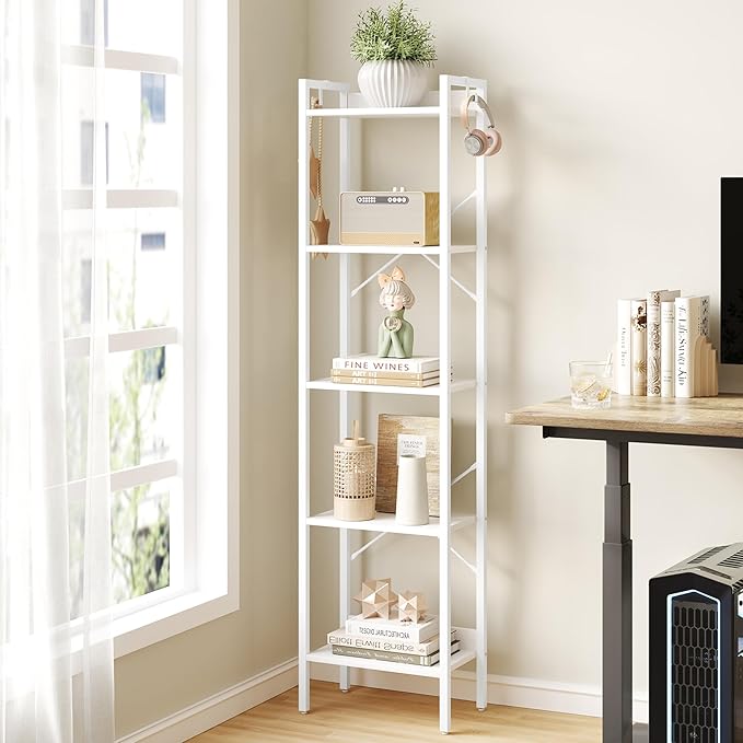 Bookshelf, Book Shelf, Industrial Bookcase with 2 Hooks, Coner Shelf Storage Organizer for Home Office, Living Room, Bedroom, Kitchen, 5-Tier White BC10513W
