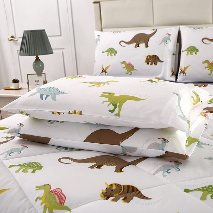 MAG 3Pcs Dinosaur Bedding Comforter Set, Dino White Base Full/Queen Comforter Set,for Toddlers Kids,Boys Teens and Girls,Super Soft Microfiber, Full/Queen Size (1 Comforter + 2 Pillowcases)