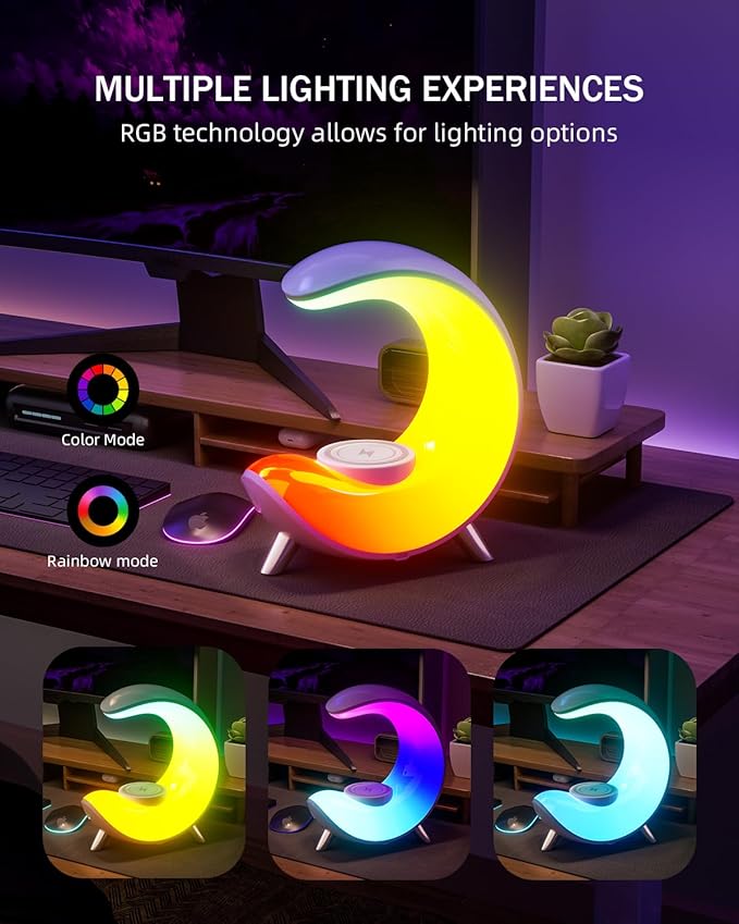 Multifunctional Bluetooth Speaker with Desk Lamp, Table Lamp Ambient Lighting with Wireless Fast Charging, Alarm Clock, Running Lights Table Lamps, Mood lights