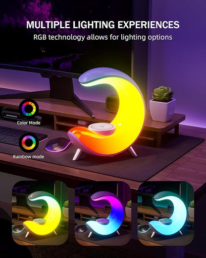 Multifunctional Bluetooth Speaker with Desk Lamp, Table Lamp Ambient Lighting with Wireless Fast Charging, Alarm Clock, Running Lights Table Lamps, Mood lights