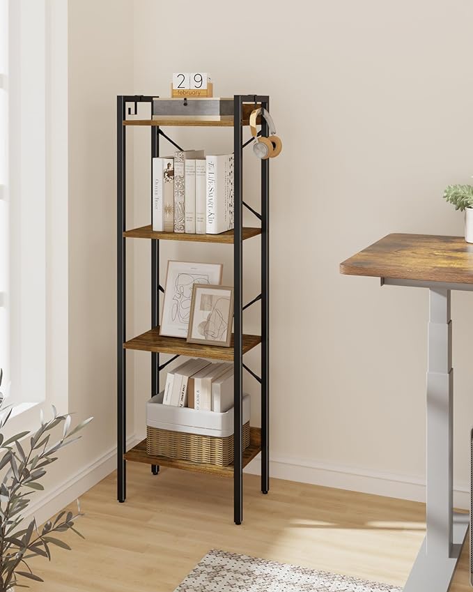 Bookshelf, Book Shelf, Industrial Bookcase with 2 Hooks, Coner Shelf Storage Organizer for Home Office, Living Room, Bedroom, Kitchen, 4-Tier Rustic Brown BC10401B