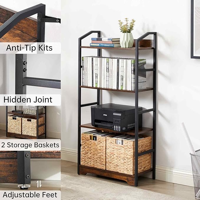 Vagusicc 4 Tier Bookshelf with 2 Storage Baskets, Tall Bookcase Shelf Storage Organizer Wood Book Shelf, Modern Shelf Rack Shelves with Steel Frame, Multipurpose Bookshelf for Bedroom Living Room