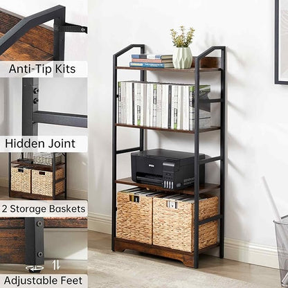 Vagusicc 4 Tier Bookshelf with 2 Storage Baskets, Tall Bookcase Shelf Storage Organizer Wood Book Shelf, Modern Shelf Rack Shelves with Steel Frame, Multipurpose Bookshelf for Bedroom Living Room