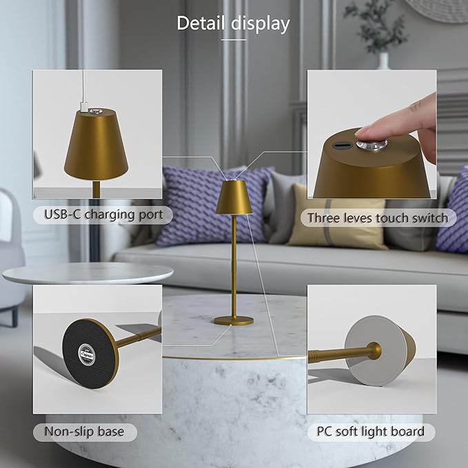 LED CordlessTable Lamp,4000mAh Rechargeable Battery Desk lamp,3 Level Brightness Beside Night Light, Minimalist Design, for Couple Dinner/Coffee Table/Restaurant/Bedroom(Bronze 4PACK)