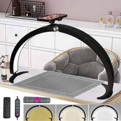 Half Moon Light for Nail Desk with Phone Holder, 29in Half Moon Table Lamp with Wire Controller & Remote, Dimmable Nail Desk Light for Eyelash Extension, Nail Tech, Beauty Care, Tattoos,Crafts