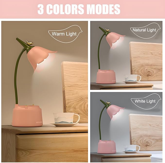 Cute LED Desk Lamp Kawaii Desk Accessories, Flower Bird Table lamp USB Rechargeable, 3 Color Modes, Stepless Dimming, Touch-Sensitive Switch Kawaii Room Decor Lamp, Eye Caring Reading Lamp (Pink)