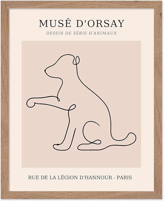 Poster Master Vintage Poster - Retro One Line Dog Drawing Print - Dog Art - Minimal Gift for Men, Women, Animal Lover - Abstract Wall Decor for Home, Office, Bedroom, 11x14 Beige Framed