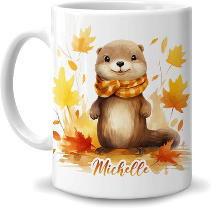 Hyturtle Personalized Fall Otter Maple Leaves Coffee Mug, Fall Autumn Décor | Birthday Gifts For Otter Lovers - Gifts For Farmhouse Thanksgiving - Custom Name 11oz White Ceramic Coffee Tea Mug